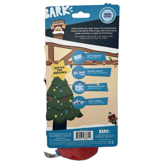 Bark NWT Holiday Santa’s Workchomp Jumbo Jingle Latte Dog Plush Toy‎ Size Large - Picture 5 of 5